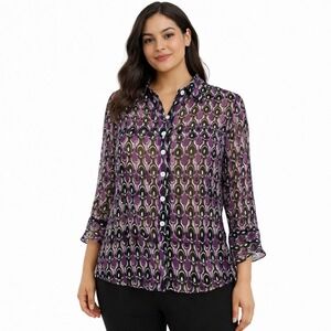 NICOLA Size Med Sheer Geometric Print Chiffon Flare Sleeve Office Casual Blouse